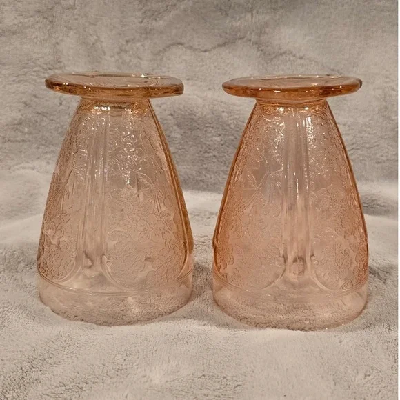 Vintage Jeannette Pink Cherry Blossom Tumblers 4.5" Scalloped Footed AOP Set of2 - Picture 3 of 4